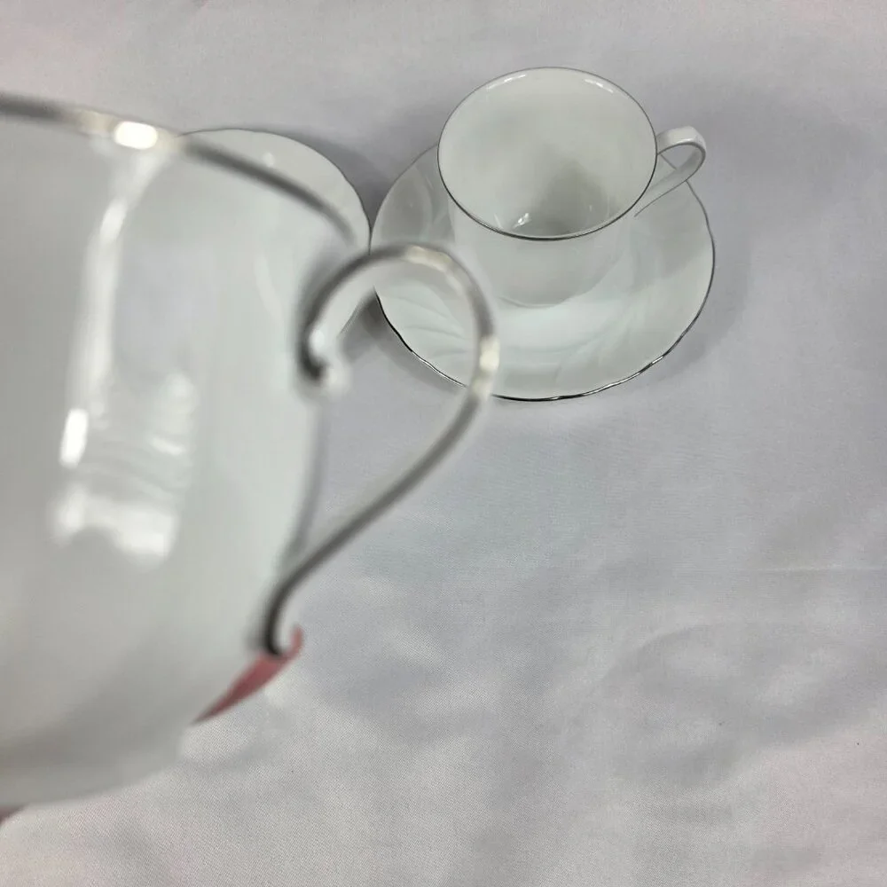 TWO (2) Mikasa Wedding Band Platinum Cup & Saucer Sets White Swirl Platinum Trim